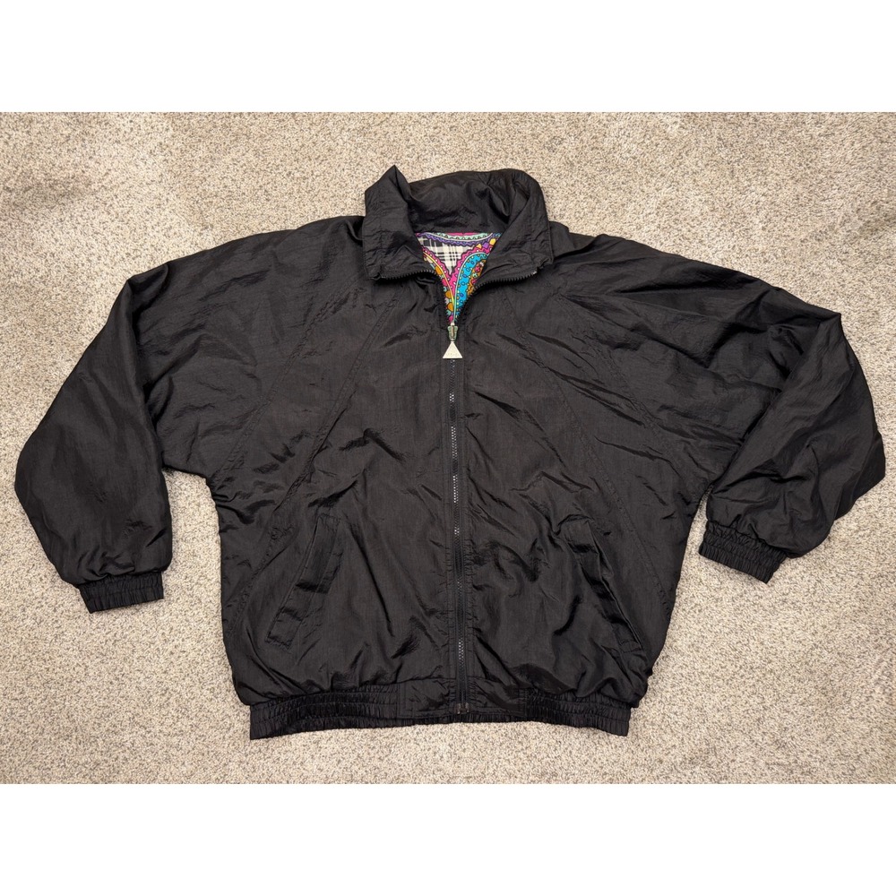 Casual Isle Reversible Windbreaker Jacket Black Multi Paisley Pockets Vintage Sm